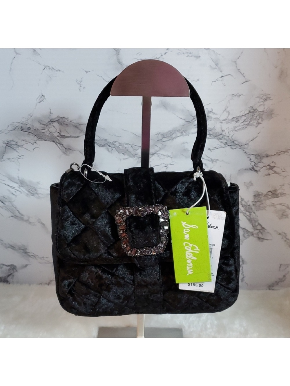 Sam Edelman Black Quilted Velvet Shoulder Bag with Jeweled Buckle Accent